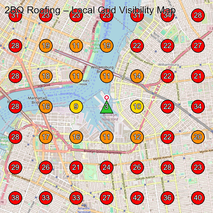 2BQ Roofing GeoGrid visibility map for Chimney Services in Brooklyn